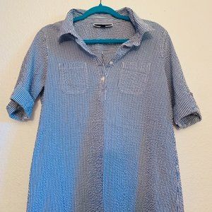 Karen Scott Blue & White Seersucker Striped Short-Sleeve Shirt Dress